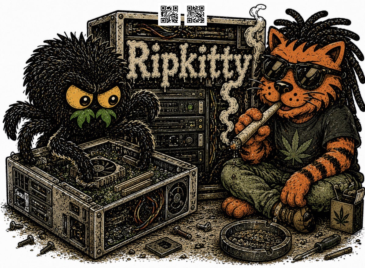 Bud the jumping spider and Spingbots the tabby cat at the Ripkitty x Bud's Growery construction site