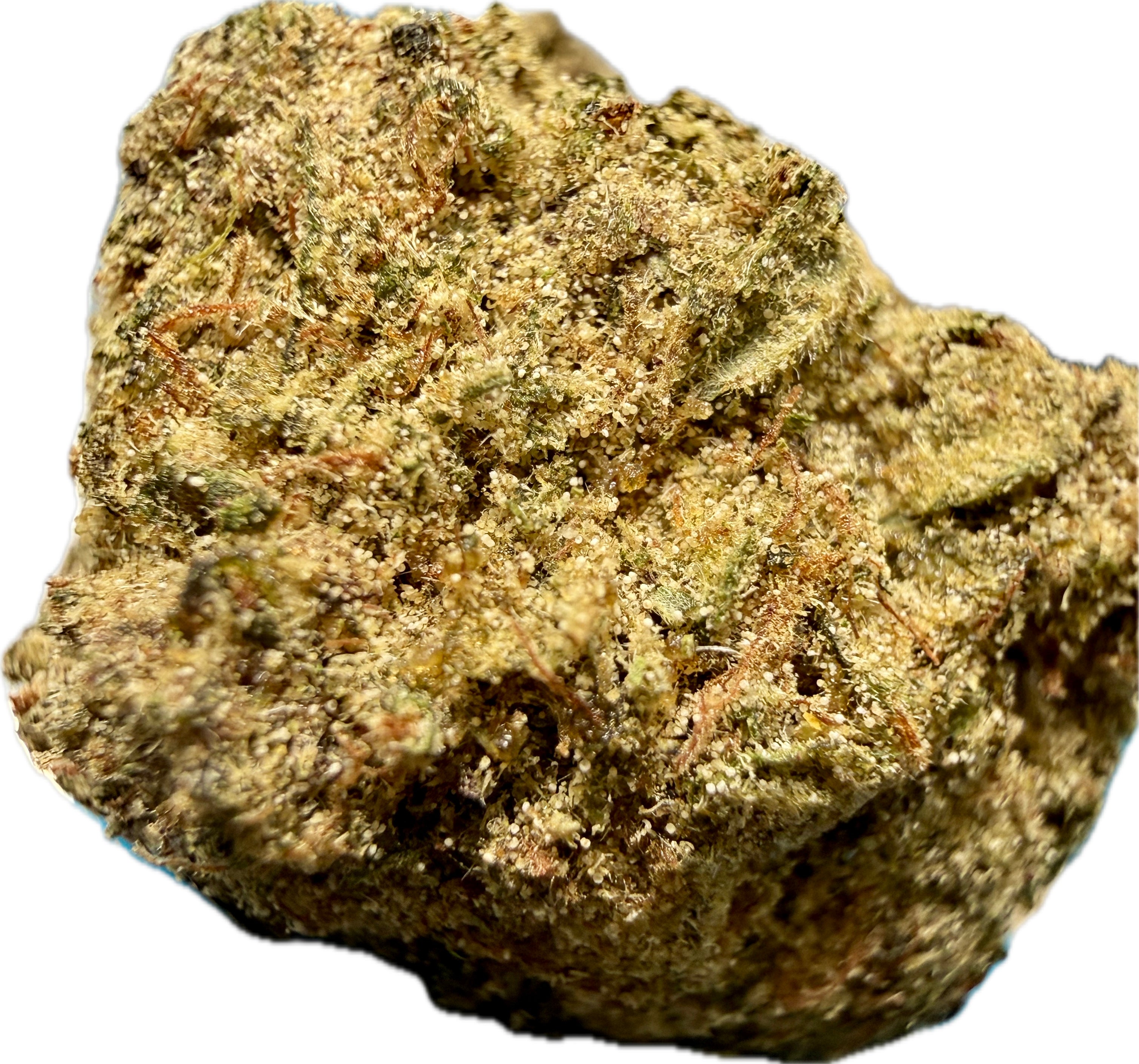 Ripkitty Strawberry Fritters Delta-8 hemp flower — macro close-up of large chunky nug showing warm golden trichome coverage over olive-green calyxes with amber pistils, white background