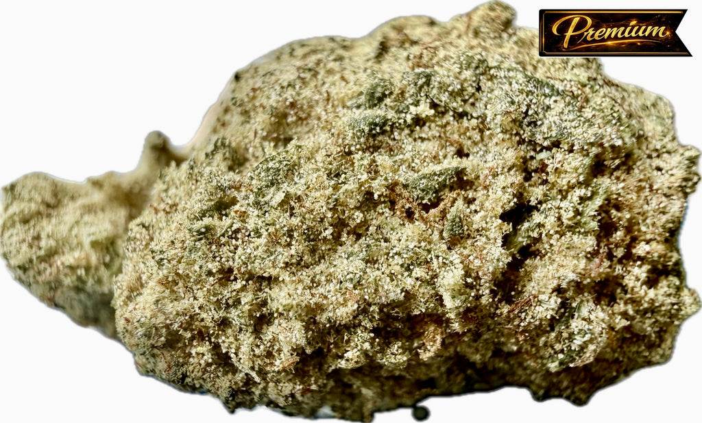Ripkitty Elk Paccio Delta-8 hemp flower moonrock nug — large dense nug with thick golden-tan kief and concentrate coating over green calyxes, amber pistils visible, "Premium" badge overlay, white background