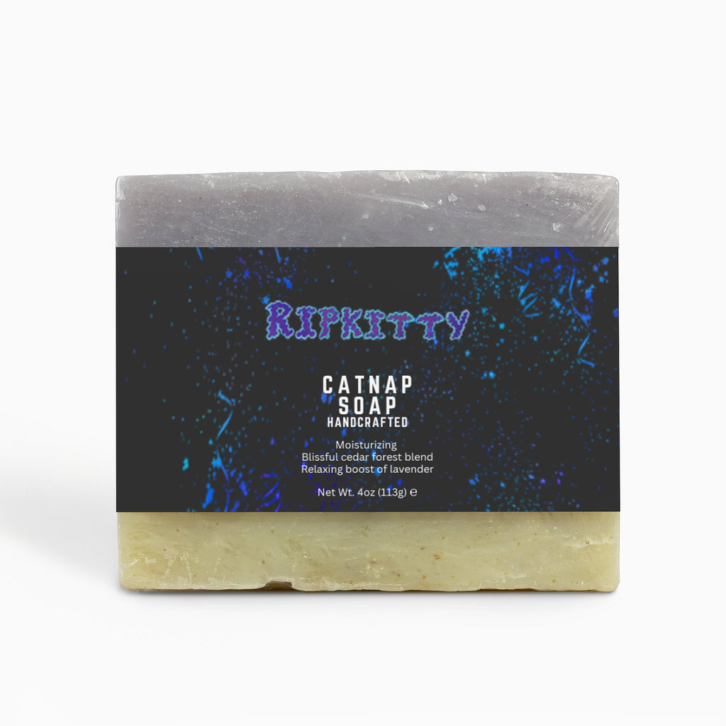 Bar of soap with a black label featuring the brand 'Ripkitty' on a white background.