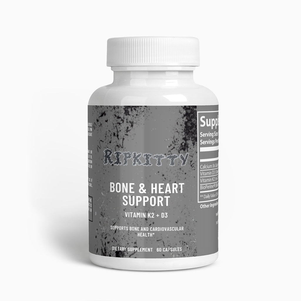 Supplement bottle labeled 'Ripkitty Bone & Heart Support' on a white background