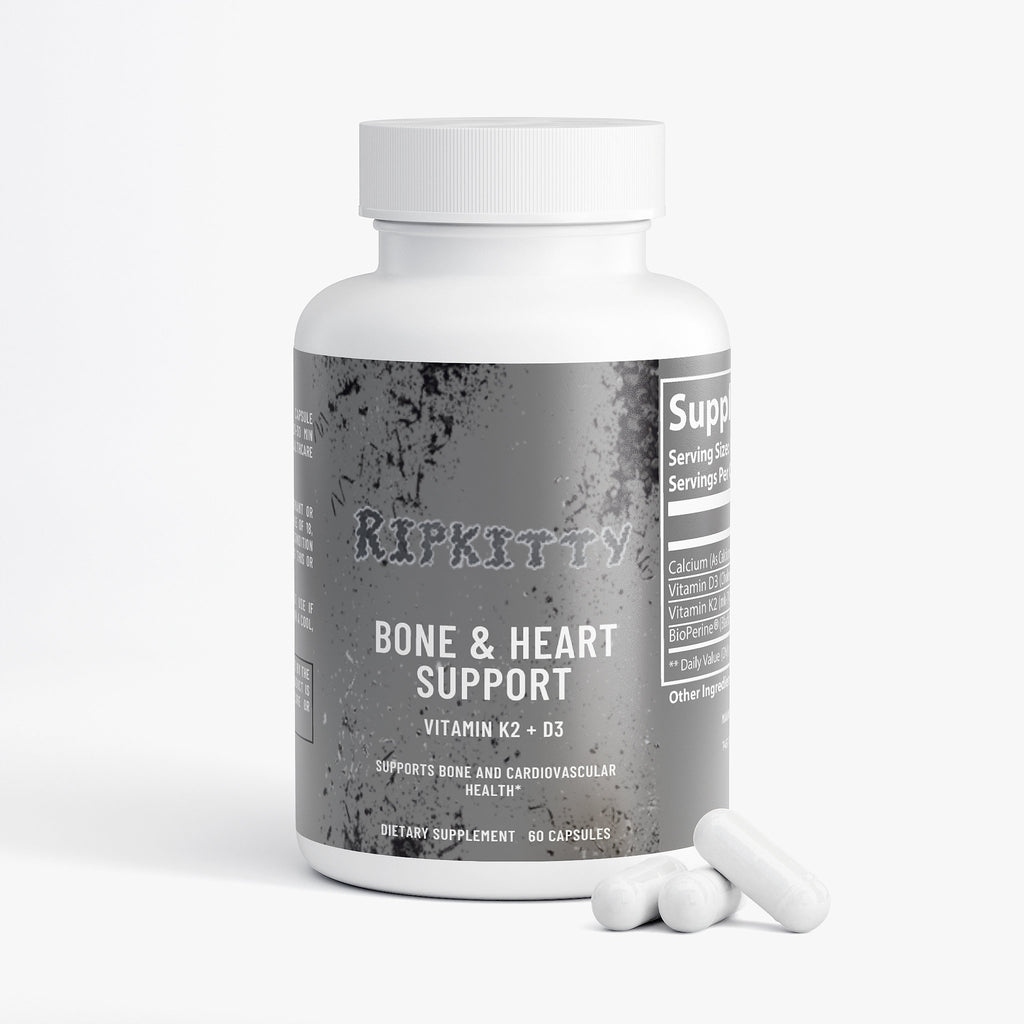 Supplement bottle labeled 'Ripkitty Bone & Heart Support' on a white background