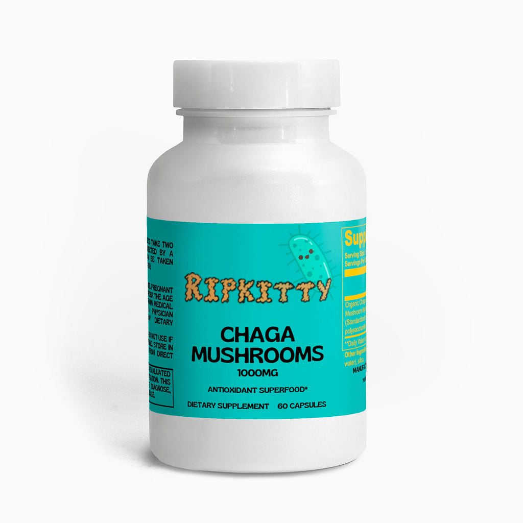 Supplement bottle labeled 'Ripkitty Chaga Mushrooms' on a white background