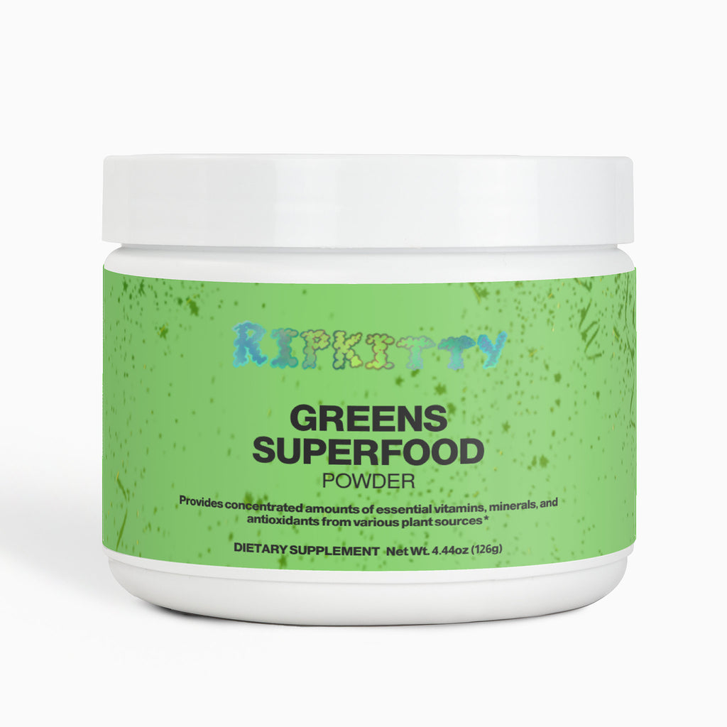 Jar of Greens Superfood Powder with Rip Kitty branding on a white background