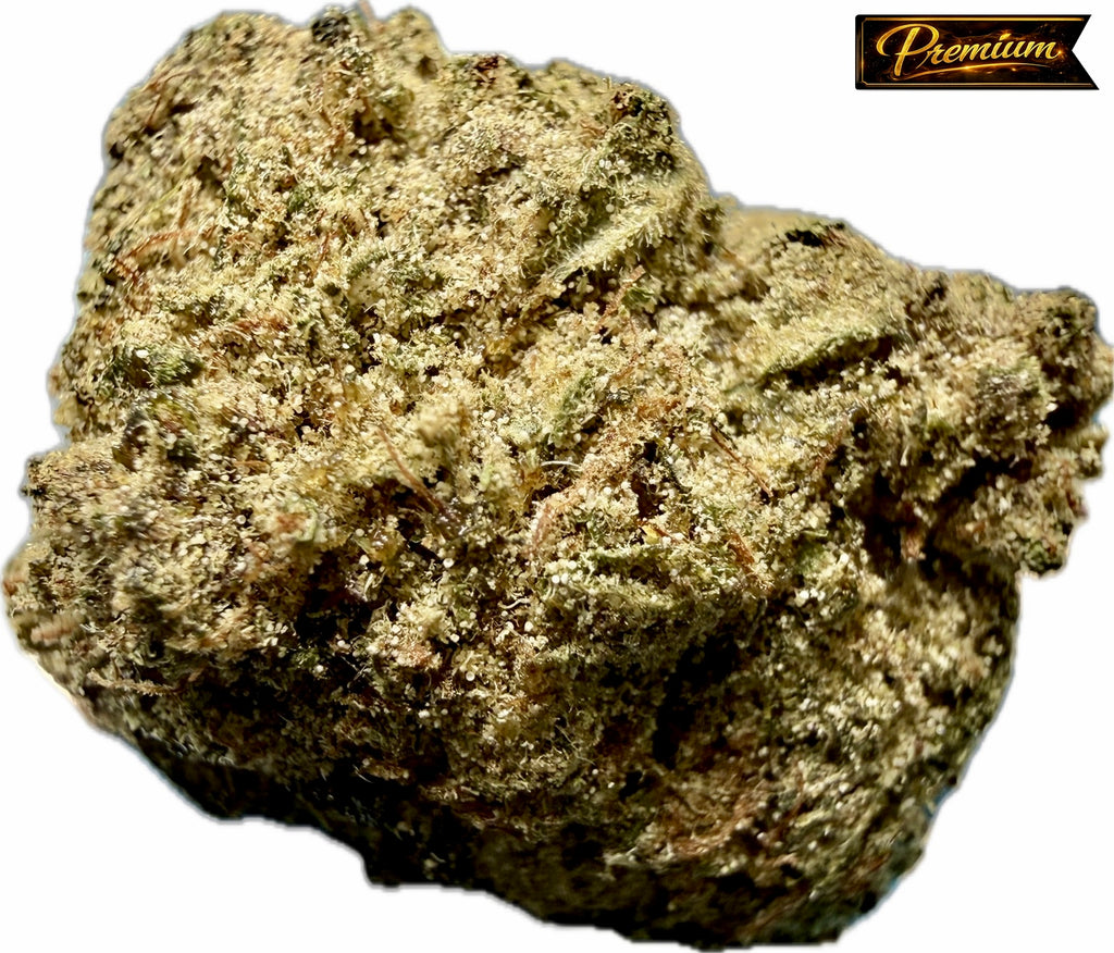 Ripkitty Strawberry Fritters Delta-8 hemp flower — large dense nug with warm golden-tan trichome coating over olive-green calyxes and amber pistils, "Premium" badge overlay, white background