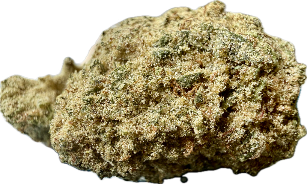 Ripkitty Elk Paccio Delta-8 hemp flower moonrock nug — large elongated nug with thick golden-tan kief and concentrate coating over green calyxes, amber pistils visible, side profile, white background