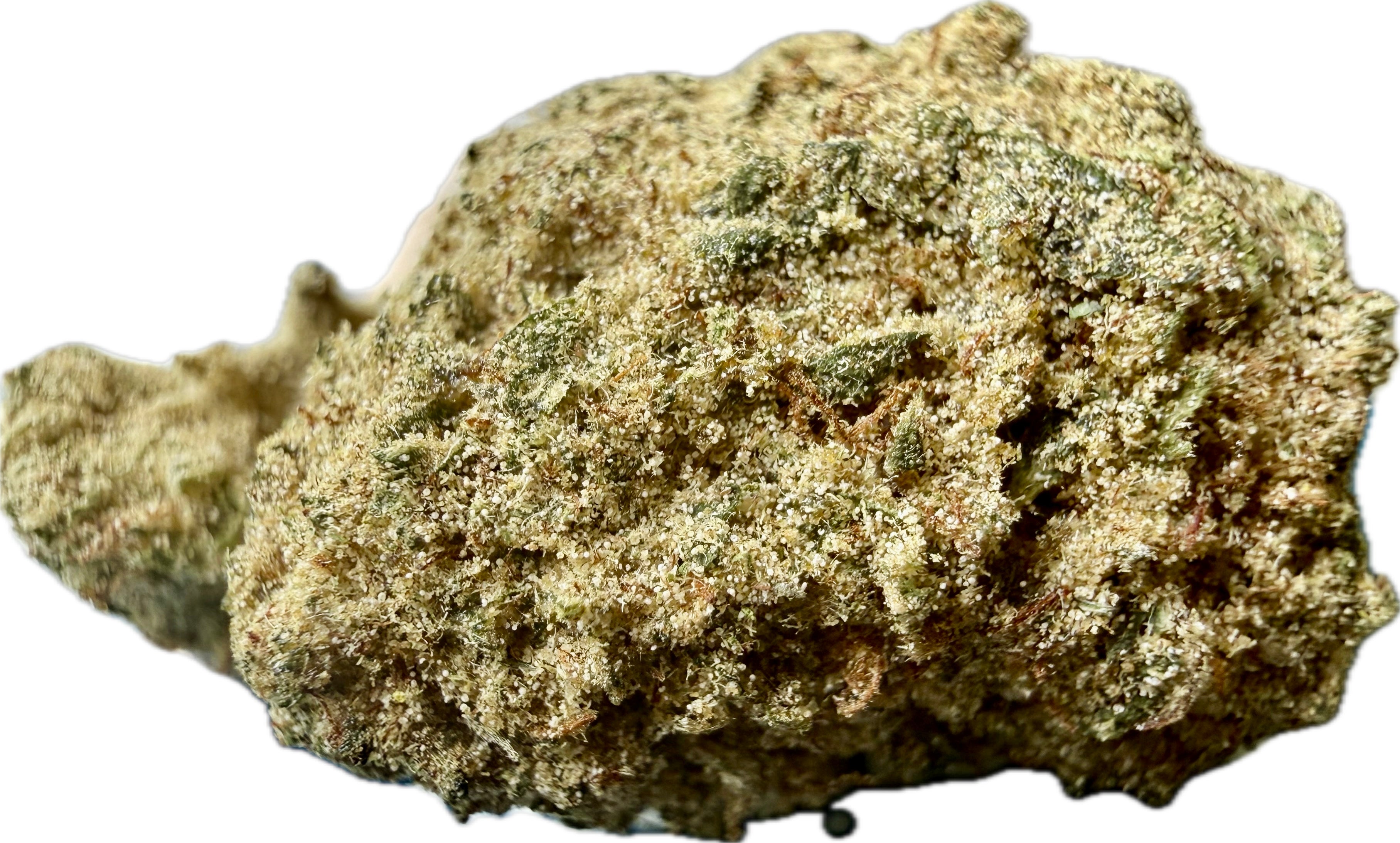 Ripkitty Elk Paccio Delta-8 hemp flower moonrock nug — large elongated nug with thick golden-tan kief and concentrate coating over green calyxes, amber pistils visible, side profile, white background