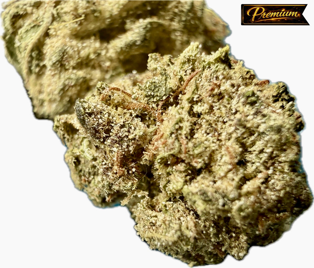 Ripkitty Pineapple Sangria Delta-8 hemp flower — two large dense nugs showing olive-green calyxes with golden trichome coverage and prominent rust-amber pistils, "Premium" badge overlay, white background