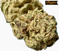 Ripkitty Pineapple Sangria Delta-8 hemp flower — two large dense nugs showing olive-green calyxes with golden trichome coverage and prominent rust-amber pistils, "Premium" badge overlay, white background