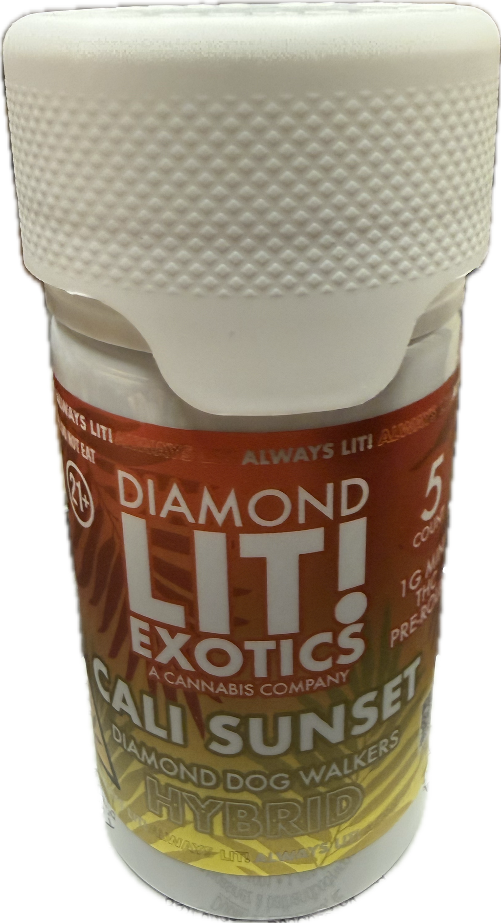 Diamond Lit! Exotics Cali Sunset Diamond Dog Walkers — 5-count 1G Delta-8 THC mini pre-roll jar, warm orange-red label with "Hybrid" designation, child-resistant white cap, white background