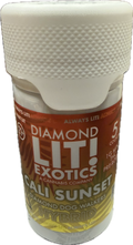 Diamond Lit! Exotics Cali Sunset Diamond Dog Walkers — 5-count 1G Delta-8 THC mini pre-roll jar, warm orange-red label with "Hybrid" designation, child-resistant white cap, white background