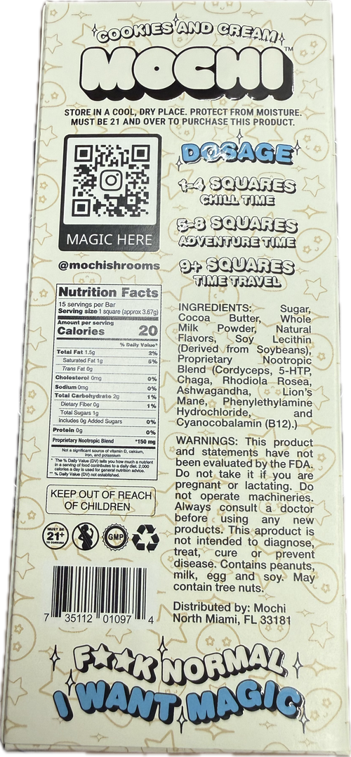 Back of a Mochi package with text and graphics, including a QR code and nutritional information.