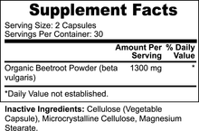 Load image into Gallery viewer, Supplement facts label showing ingredients and serving size for Ripkitty Organic Beetroot Powder capsules.
